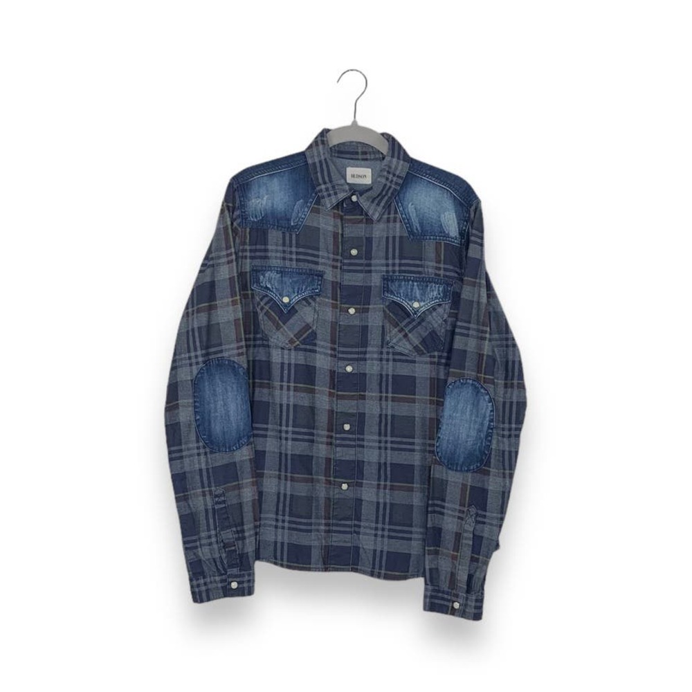 Hudson Jeans Distressed Blue Plaid Denim Mixed Media Elbow Patch Pearl Snap Top